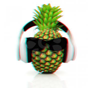 Pineapple with sun glass and headphones front face on a white background. 3D illustration. Anaglyph. View with red/cyan glasses to see in 3D.
