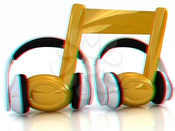 headphones and 3d note on a white background. Anaglyph. View with red/cyan glasses to see in 3D. 3D illustration