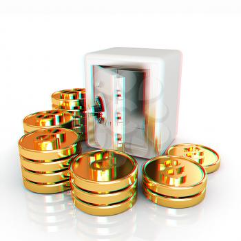 open a bank vault with a bunch of gold coins. isolated on white. . 3D illustration. Anaglyph. View with red/cyan glasses to see in 3D.