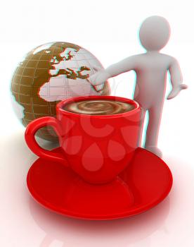 3d people - man, person presenting - Mug of coffee with milk. Global concept with Earth. 3D illustration. Anaglyph. View with red/cyan glasses to see in 3D.
