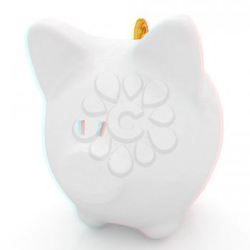 piggy bank and falling coins on white background. 3D illustration. Anaglyph. View with red/cyan glasses to see in 3D.