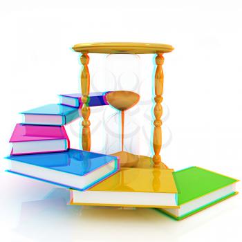 Hourglass and books on a white background. 3D illustration. Anaglyph. View with red/cyan glasses to see in 3D.