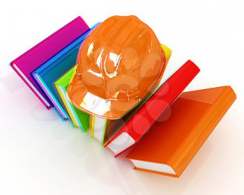 Colorful books and hard hat on a white background. 3D illustration. Anaglyph. View with red/cyan glasses to see in 3D.