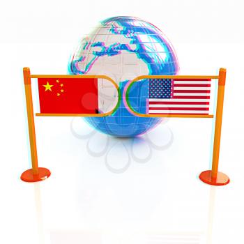 Three-dimensional image of the turnstile and flags of USA and China on a white background . 3D illustration. Anaglyph. View with red/cyan glasses to see in 3D.