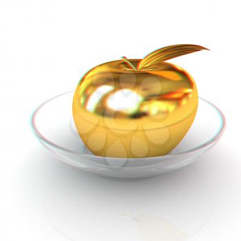 Gold apple on a plate. 3D illustration. Anaglyph. View with red/cyan glasses to see in 3D.