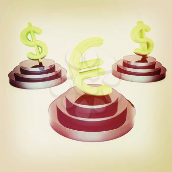 icon euro and dollar signs on podiums on a white background . 3D illustration. Vintage style.
