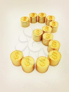 the number three of gold coins with dollar sign on a white background. 3D illustration. Vintage style.