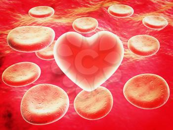 Heart in red blood cells. 3D illustration. Vintage style.