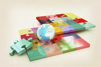 Puzzles and earth.Isolated on white background.3d rendered. . 3D illustration. Vintage style.