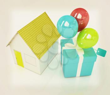 House with gift and ballons on a white background. 3D illustration. Vintage style.