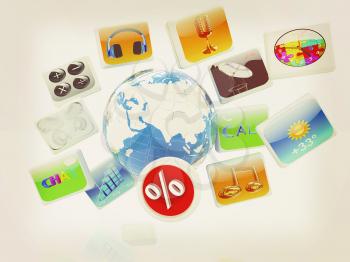 Earth and percent with cloud of media application Icons on a white background. 3D illustration. Vintage style.