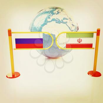 Three-dimensional image of the turnstile and flags of Russia and Iran on a white background . 3D illustration. Vintage style.