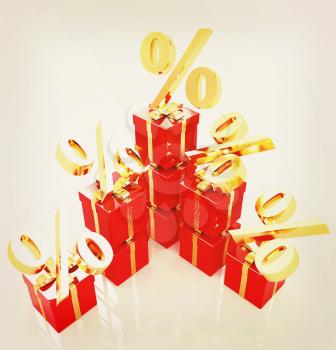 Percentage and gifts on a white background . 3D illustration. Vintage style.