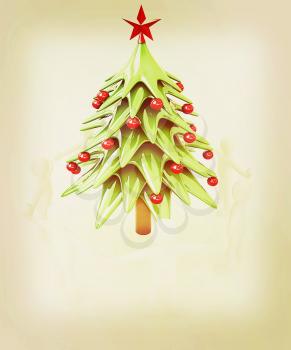 3D human around Christmas tree on a white background. 3D illustration. Vintage style.