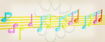 Various music notes on stave. Colorfull 3d. 3D illustration. Vintage style.