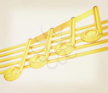 3D music note on staves. 3D illustration. Vintage style.