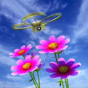 Drone, quadrocopter, with photo camera against the sky and Beautiful Cosmos Flower. 3D illustration