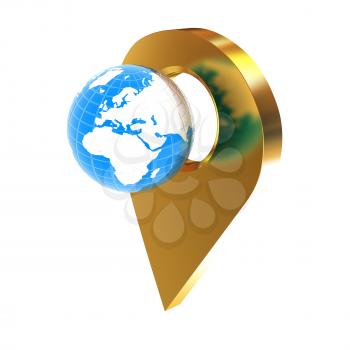 Planet Earth and golden map pins icon on Earth. 3d illustration.