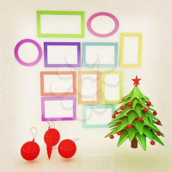 Set of Christmas and New Year frames and Christmas tree. 3D render. Vintage style