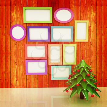 Mock up poster on the wood wall with christmas tree and decorations. 3d illustration. Vintage style