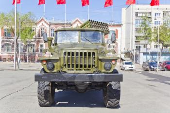 Military machine at the exhibition under open sky