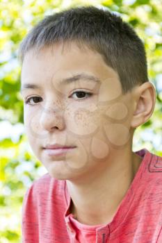 Portrait of cute freckles boy with dark brown eyes