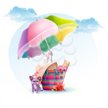 Royalty Free Clipart Image of a Beach Bag With a Dog and Umbrella
