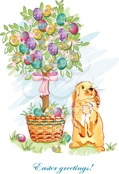 Royalty Free Clipart Image of an Easter Bunny by a Tree Decorated With Eggs