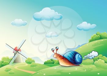 Royalty Free Clipart Image of a Snail and a Windmill