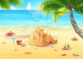 Royalty Free Clipart Image of a Sandcastle on the Beach With a Sailboat Behind