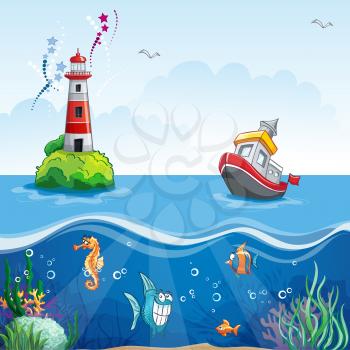 Royalty Free Clipart Image of an Ocean Scene With a Lighthouse and Boat