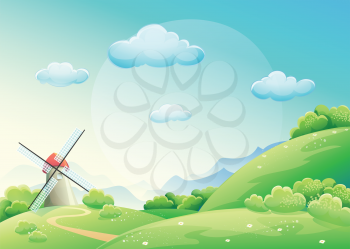 Royalty Free Clipart Image of a Landscape With a Windmill