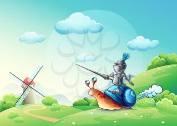 Royalty Free Clipart Image of a Knight Riding a Snail in Front of a Windmill