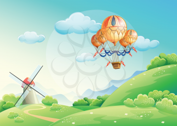 Royalty Free Clipart Image of a Hot Air Balloon Over a Country Field
