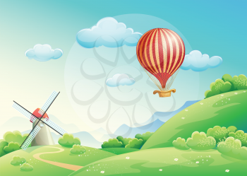 Royalty Free Clipart Image of a Hot Air Balloon and Windmill