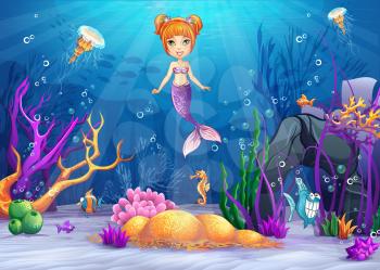 Royalty Free Clipart Image of a Mermaid and Underwater Scene
