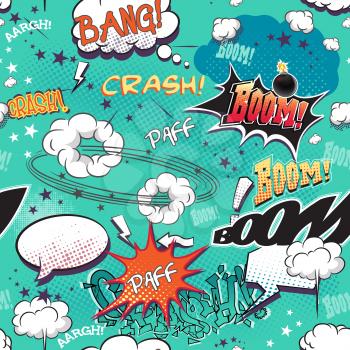 Royalty Free Clipart Image of a Background of Cartoon Words and Bubbles