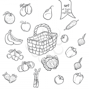 Royalty Free Clipart Image of a Basket With Food Around It