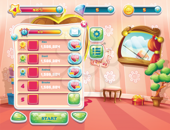 An example of one of the screens of the computer game with a loading background bedroom princess, user interface and various ellement. Set 1.
