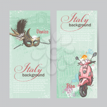 Set of verticall banners of Italy. Cities of Pisa and Venice with a mask and a pink moped