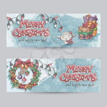 Set of horizontal Christmas banners with the image of a lamb, gifts and Christmas wreaths