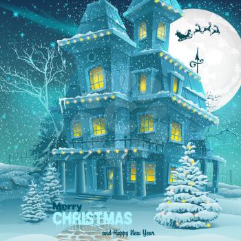 Christmas and New Year greeting card with the image of a winter Christmas night with house and trees