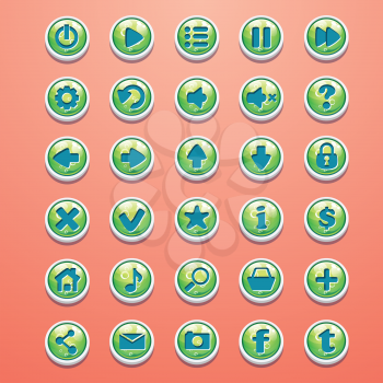 Big set of round buttons cartoon green for the game interface