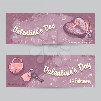 Set of horizontal greeting cards for Valentine's Day with lock, key and hearts