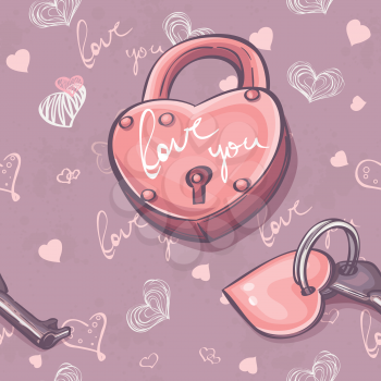 Seamless texture for Valentine's Day with a picture of a padlock and key