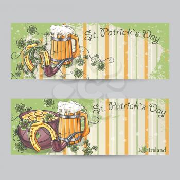 Set of horizontal banners for St. Patrick's Day with horseshoe and pot of gold