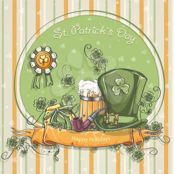 Greeting card for St. Patrick's Day with a picture of a hat, mug of beer and clover leaves