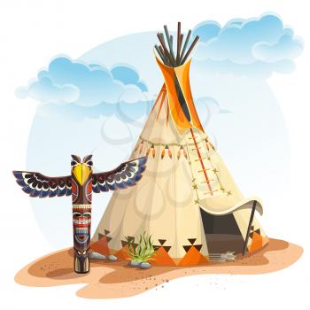 Illustration of the North American Indian tipi home with totem