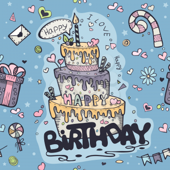 Seamless texture of blue colored doodles to birthday