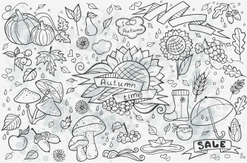 Big set of vector hand-drawn doodles of objects and ellementov on autumn theme